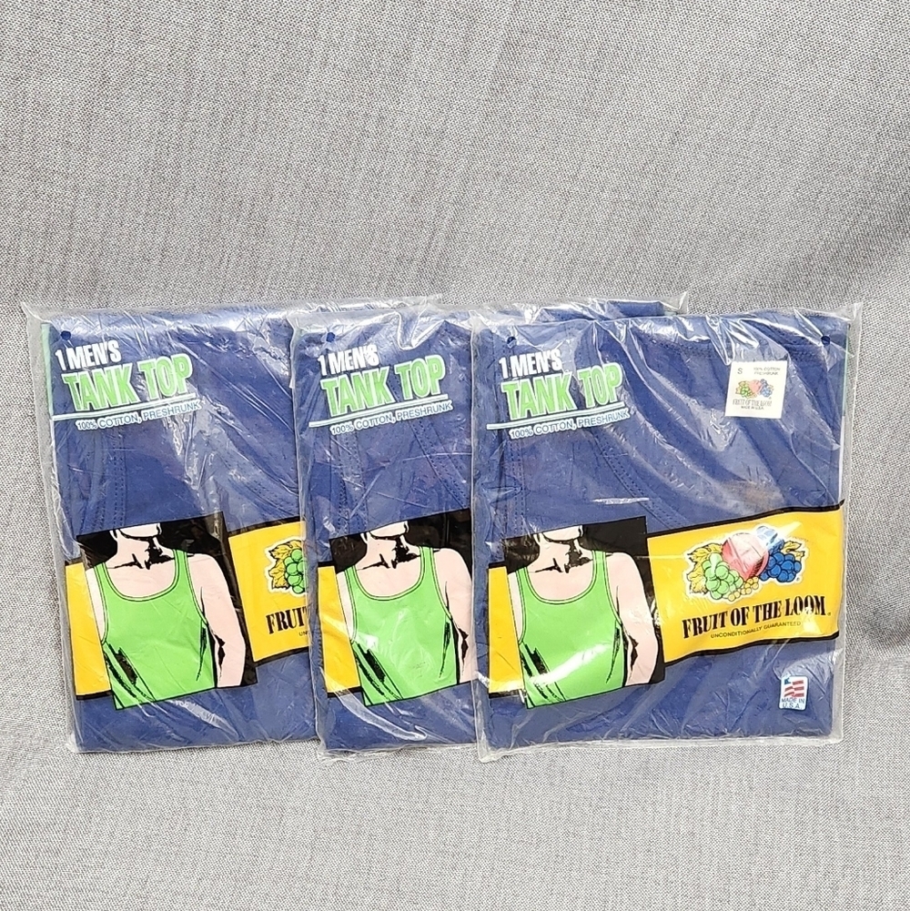 Vintage Fruit of the Loom Tank Top  Navy Blue Made In USA 3 Pack LOT. Small.